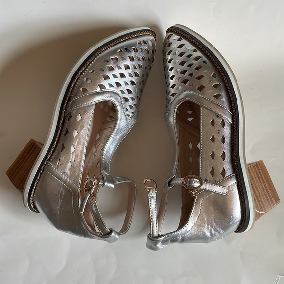Silver Perforated Ankle Strap Stacked Heel Custom Made Dance Shoes size 7 - Picture 8 of 15